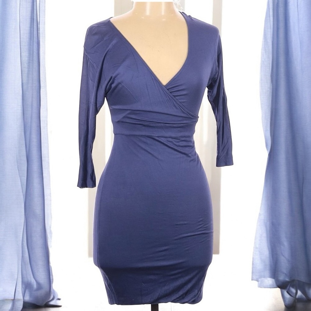 H&M Stormy Blue Wrap-Front Bodycon Dress | 3/4 Sleeve | Size 6 - Picture 1 of 8